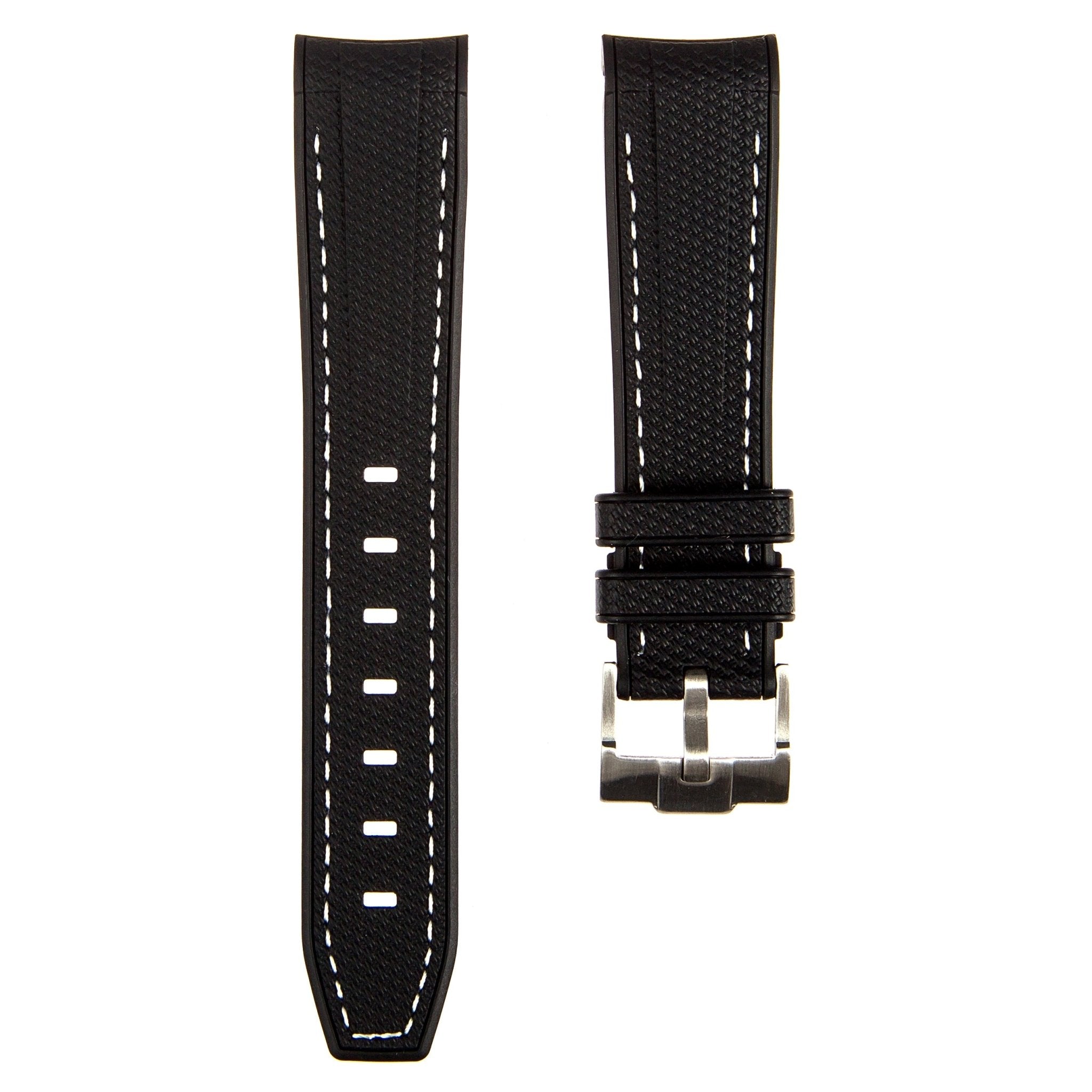 Textured Curved End Premium Silicone Strap - Black with White Stitch (2405) -StrapSeeker