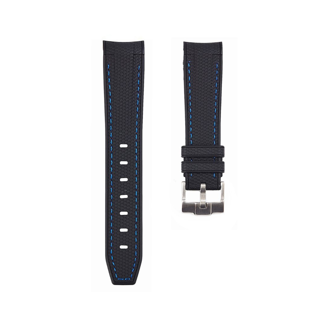 Textured Curved End Premium Silicone Strap - Compatible with Omega Moonwatch - Black with Blue Stitch (2405) -StrapSeeker