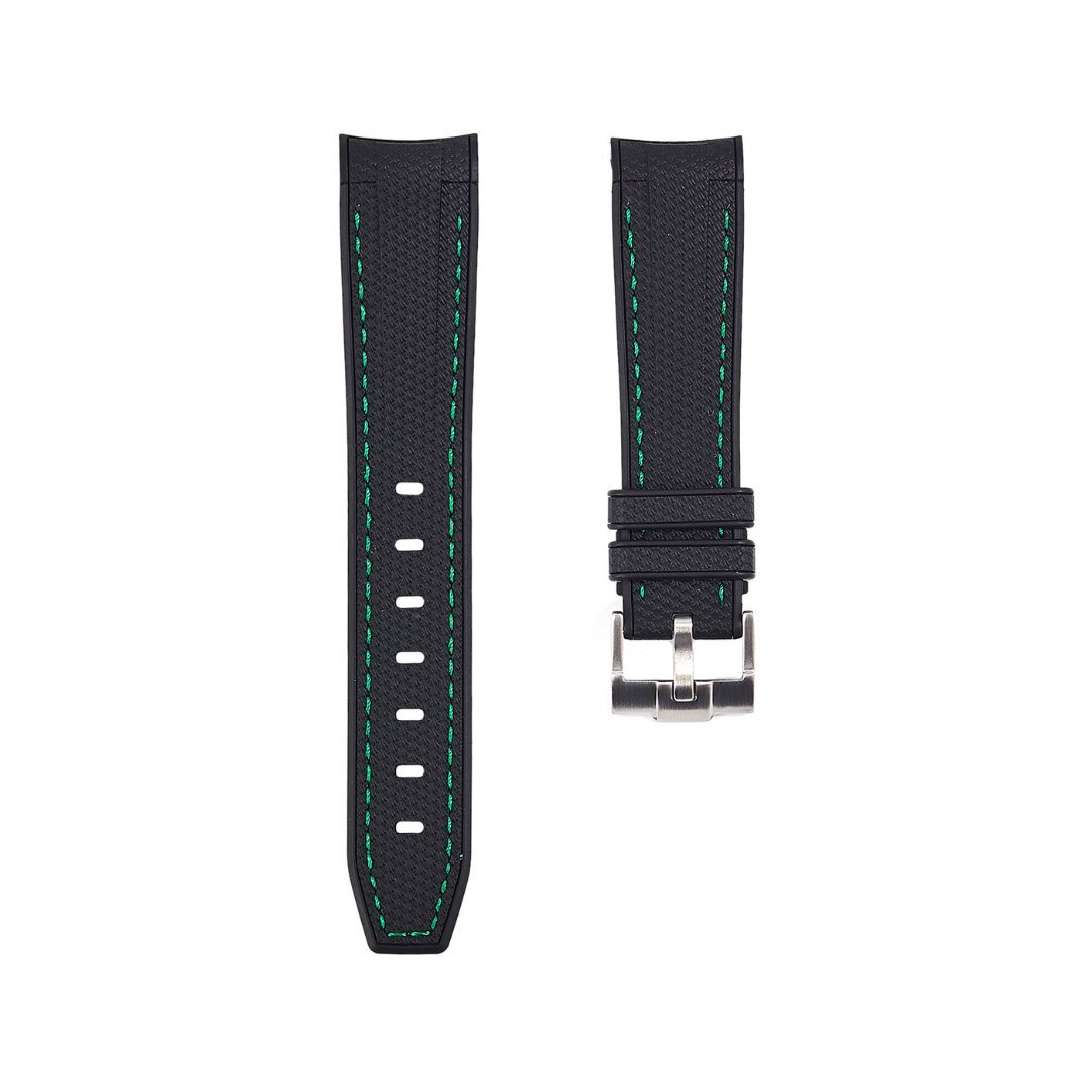 Textured Curved End Premium Silicone Strap - Compatible with Omega Moonwatch - Black with Green Stitch (2405) -StrapSeeker