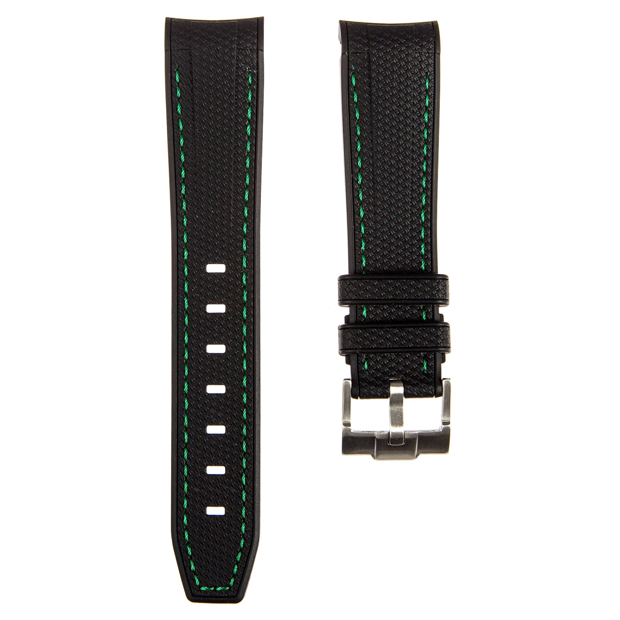 Textured Curved End Premium Silicone Strap - Compatible with Omega Moonwatch - Black with Green Stitch (2405) -StrapSeeker