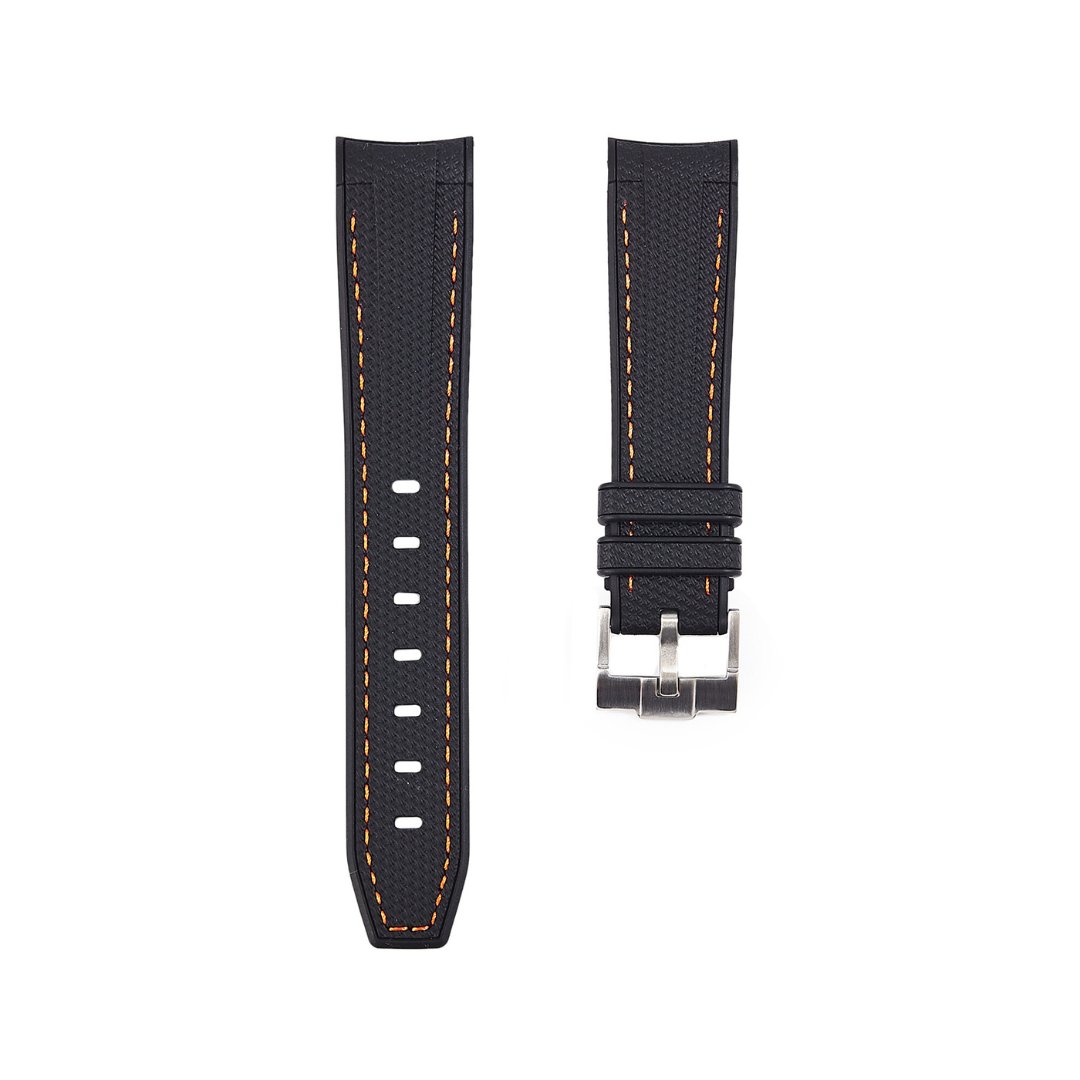 Textured Curved End Premium Silicone Strap - Compatible with Omega Moonwatch - Black with Orange Stitch -StrapSeeker