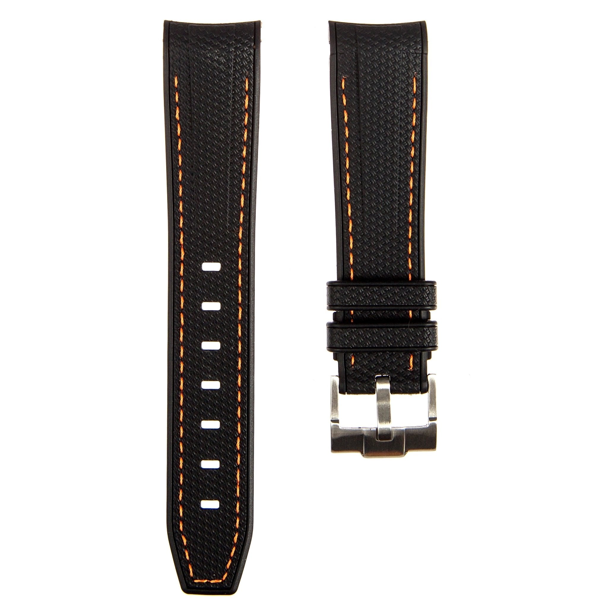 Textured Curved End Premium Silicone Strap - Compatible with Omega Moonwatch - Black with Orange Stitch (2405) -StrapSeeker