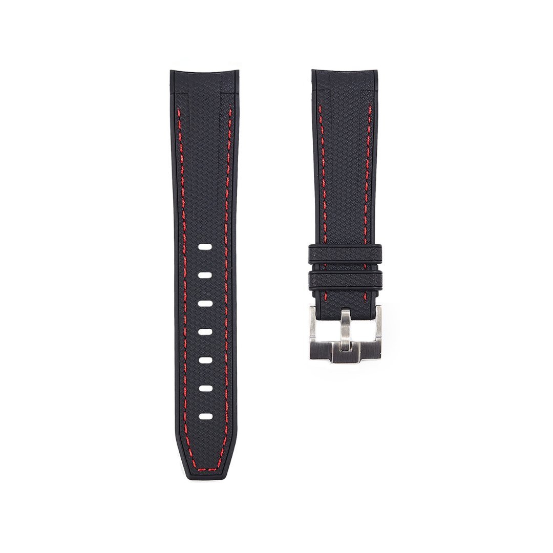 Textured Curved End Premium Silicone Strap - Compatible with Omega Moonwatch - Black with Red Stitch (2405) -StrapSeeker