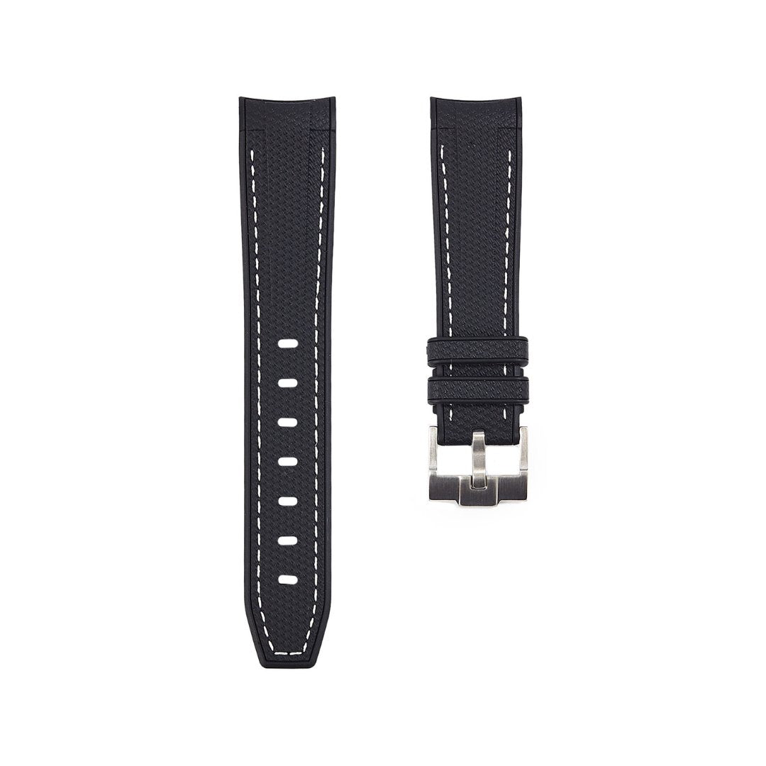 Textured Curved End Premium Silicone Strap - Compatible with Omega Moonwatch - Black with White Stitch -StrapSeeker