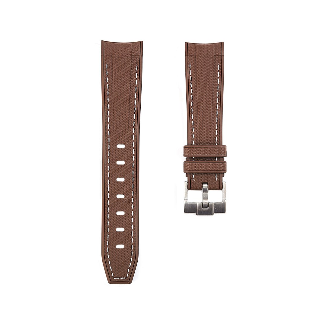 Textured Curved End Premium Silicone Strap - Compatible with Omega Moonwatch - Brown with White Stitch (2405) -StrapSeeker