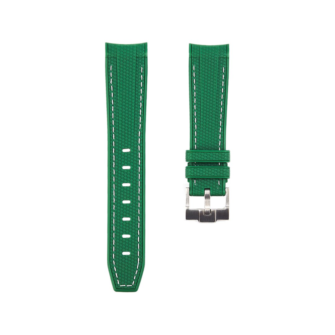 Textured Curved End Premium Silicone Strap - Compatible with Omega Moonwatch - Dark Green With White Stitch -StrapSeeker