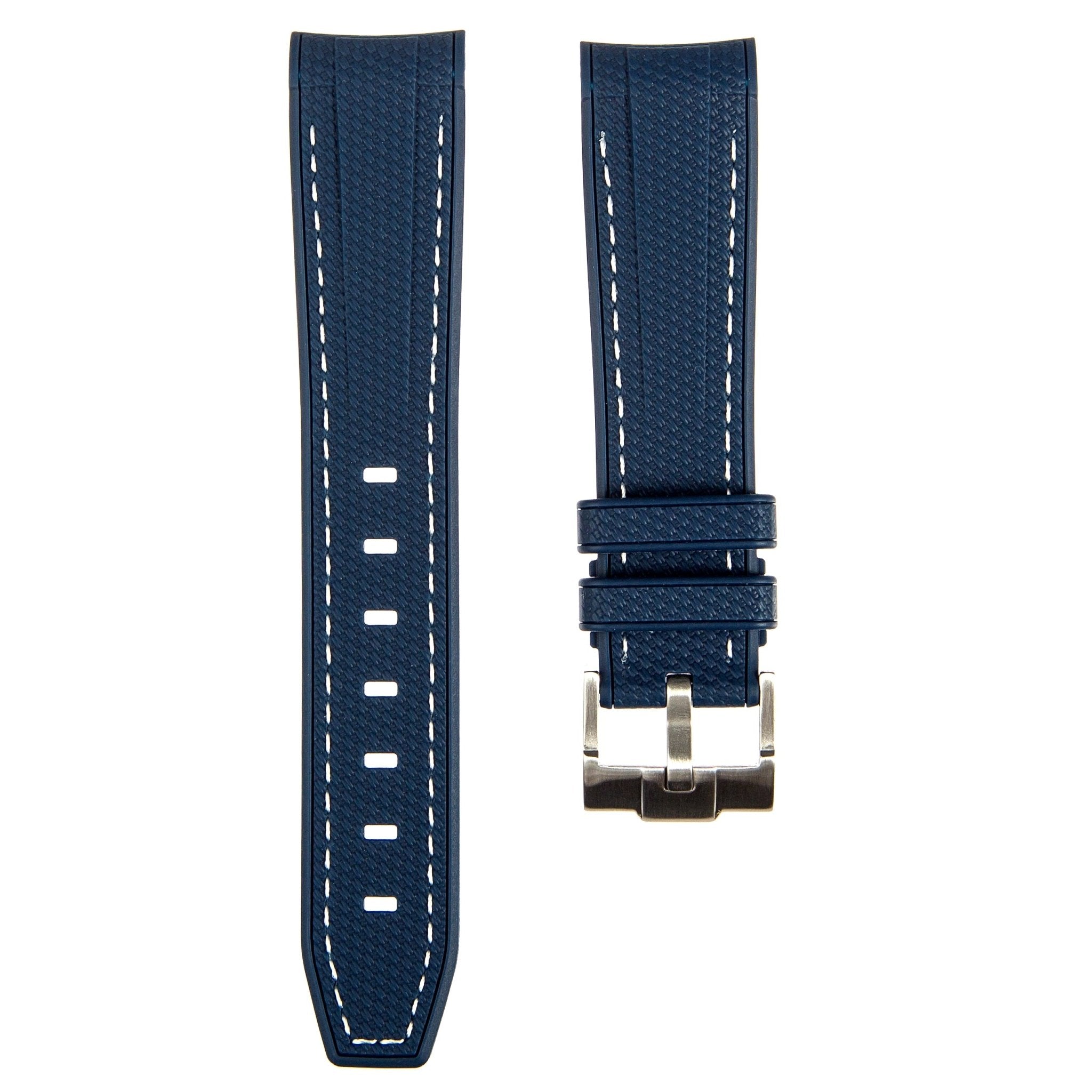 Textured Curved End Premium Silicone Strap - Compatible with Omega Moonwatch - Navy with White Stitch (2405) -StrapSeeker