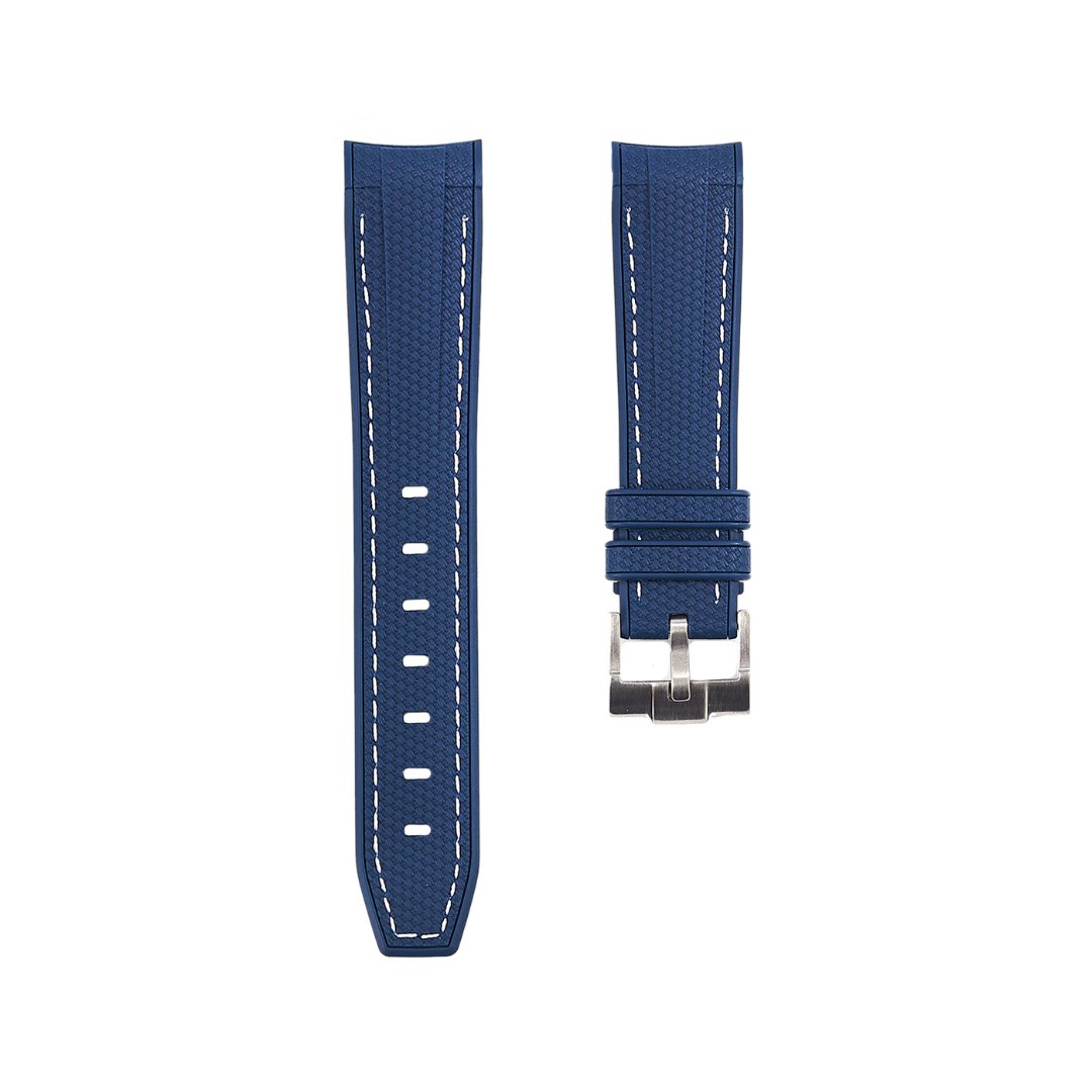 Textured Curved End Premium Silicone Strap - Compatible with Omega Moonwatch - Navy with White Stitch -StrapSeeker