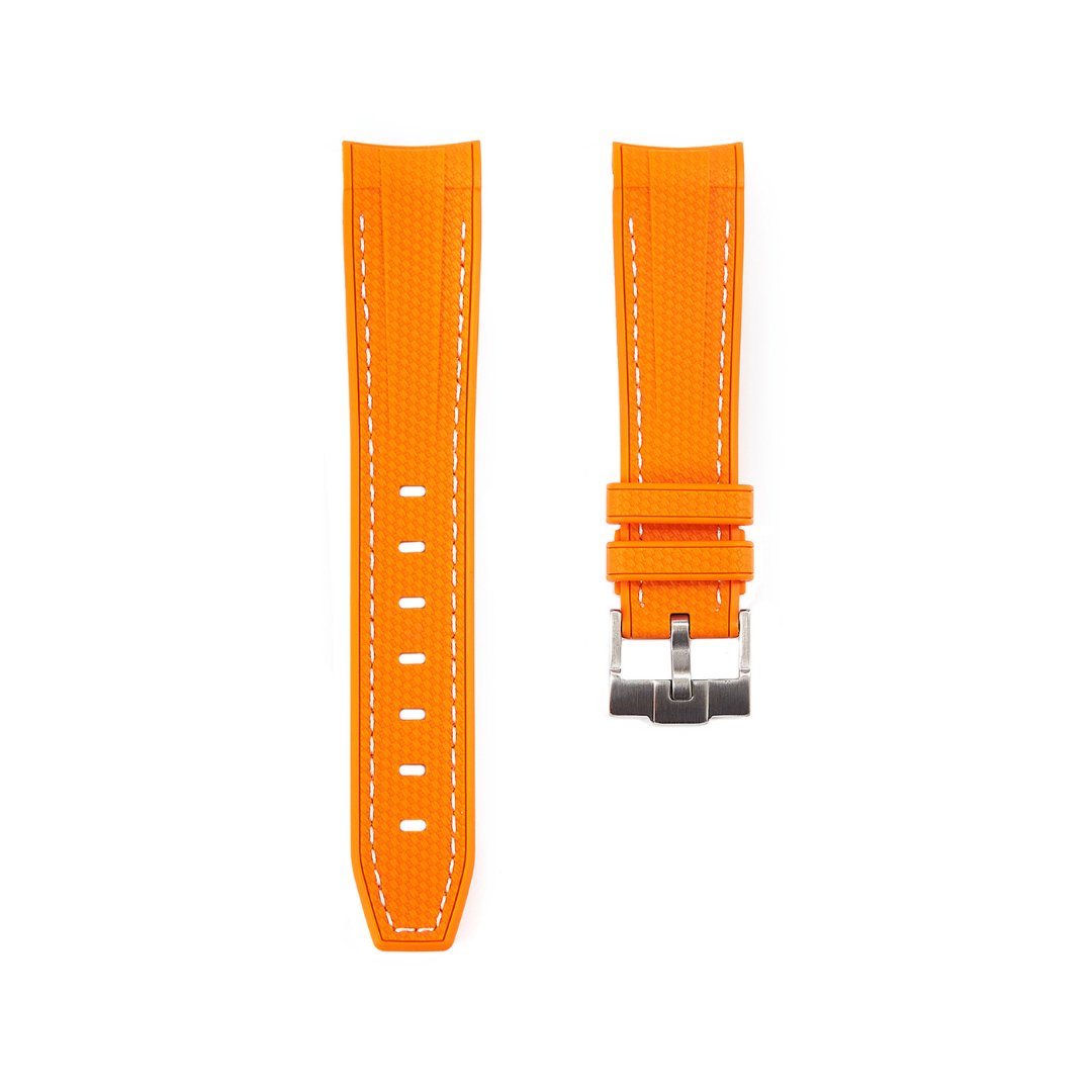 Textured Curved End Premium Silicone Strap - Compatible with Omega Moonwatch - Orange with White Stitch -StrapSeeker