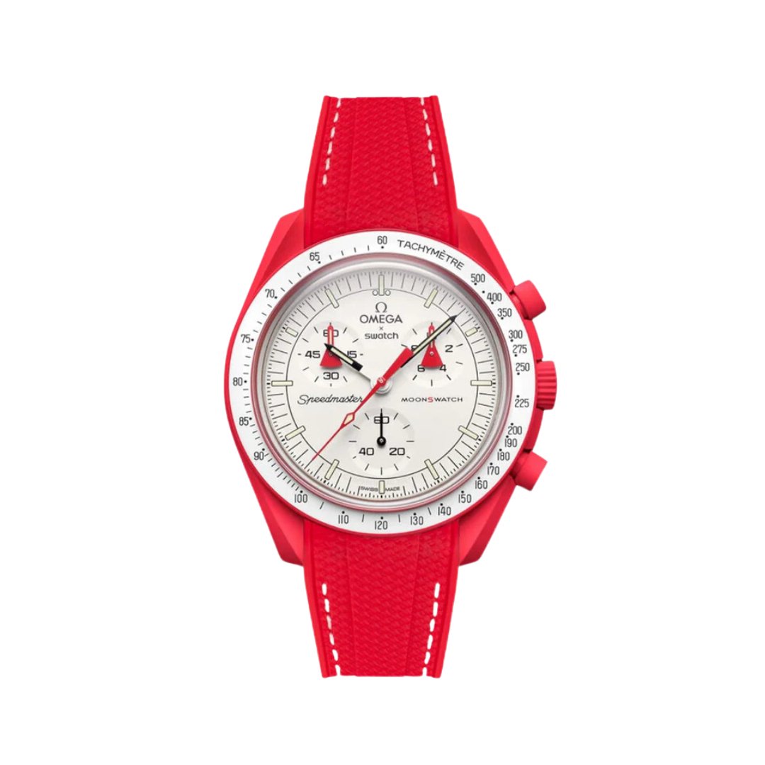 Textured Curved End Premium Silicone Strap - Compatible with Omega Moonwatch - Red with White Stitch (2405) -StrapSeeker