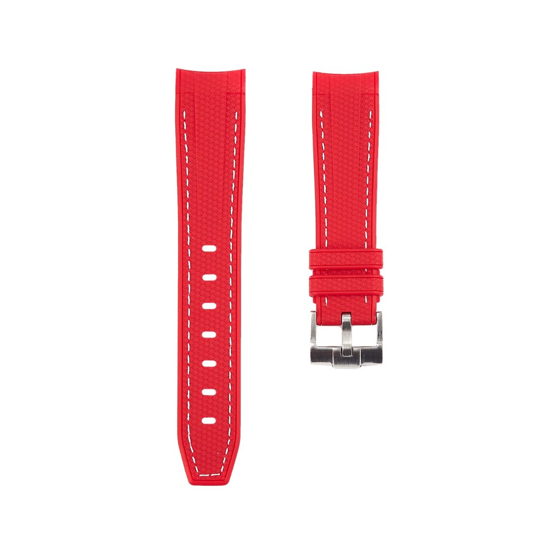 Textured Curved End Premium Silicone Strap - Compatible with Omega Moonwatch - Red with White Stitch (2405) -StrapSeeker