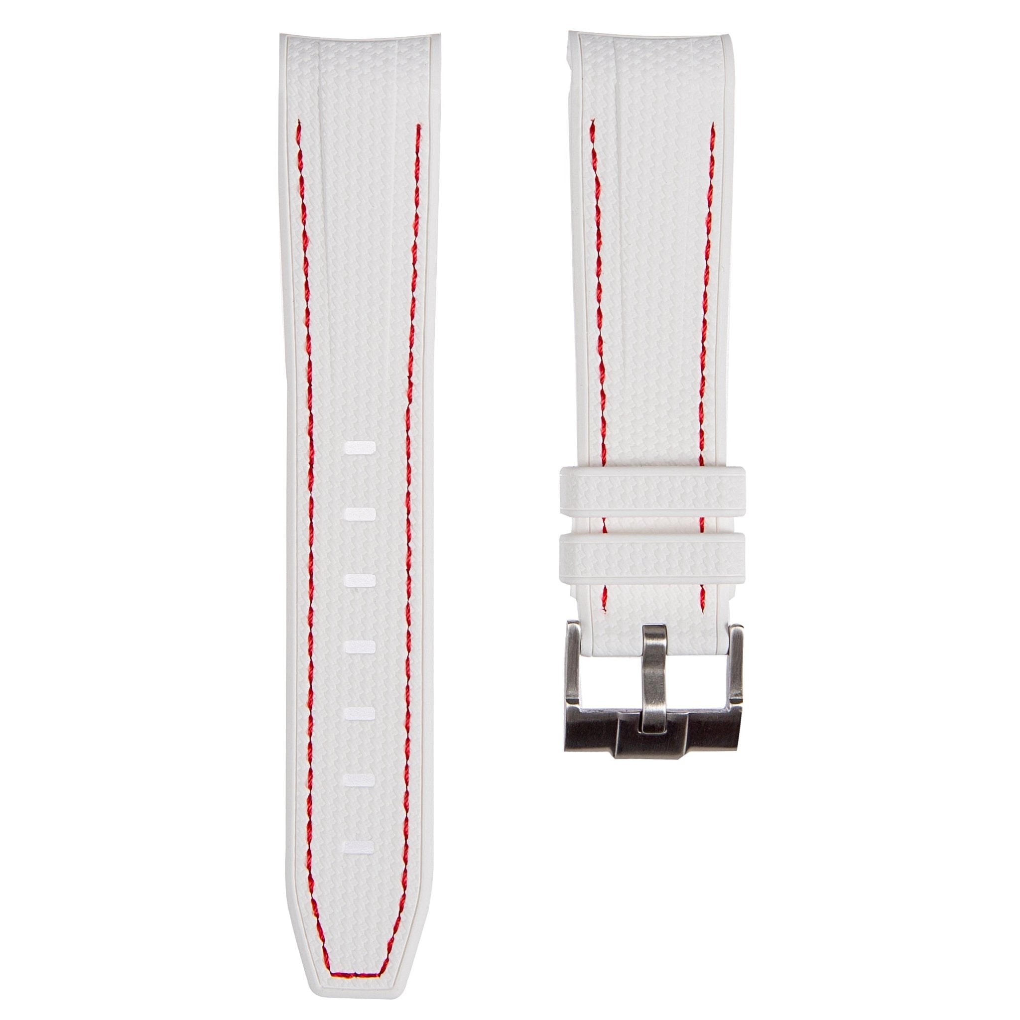 Textured Curved End Premium Silicone Strap - Compatible with Omega Moonwatch - White with Red Stitch (2405) -StrapSeeker