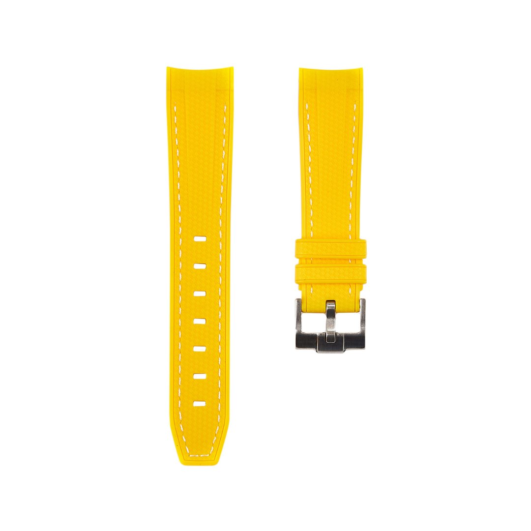 Textured Curved End Premium Silicone Strap - Compatible with Omega Moonwatch - Yellow with White Stitch -StrapSeeker