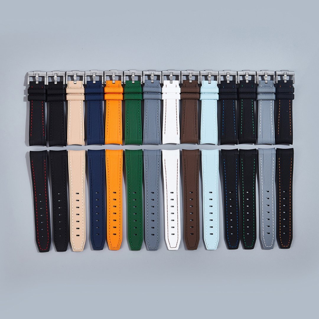 Textured Curved End Premium Silicone Strap - Compatible with Omega x Swatch - Black with Orange Stitch (2405) -StrapSeeker
