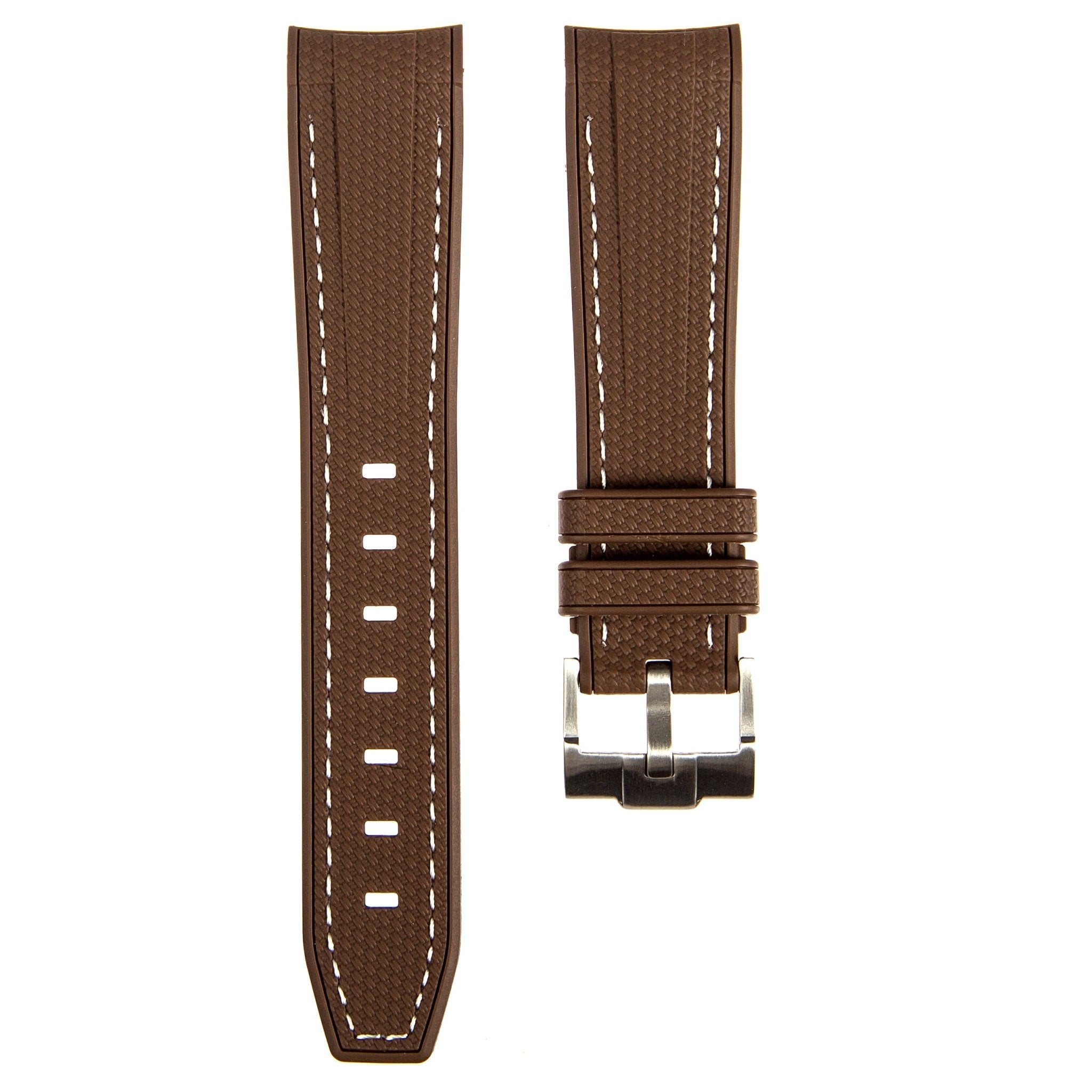 Textured Curved End Premium Silicone Strap - Compatible with Omega x Swatch - Brown with White Stitch (2405) -StrapSeeker