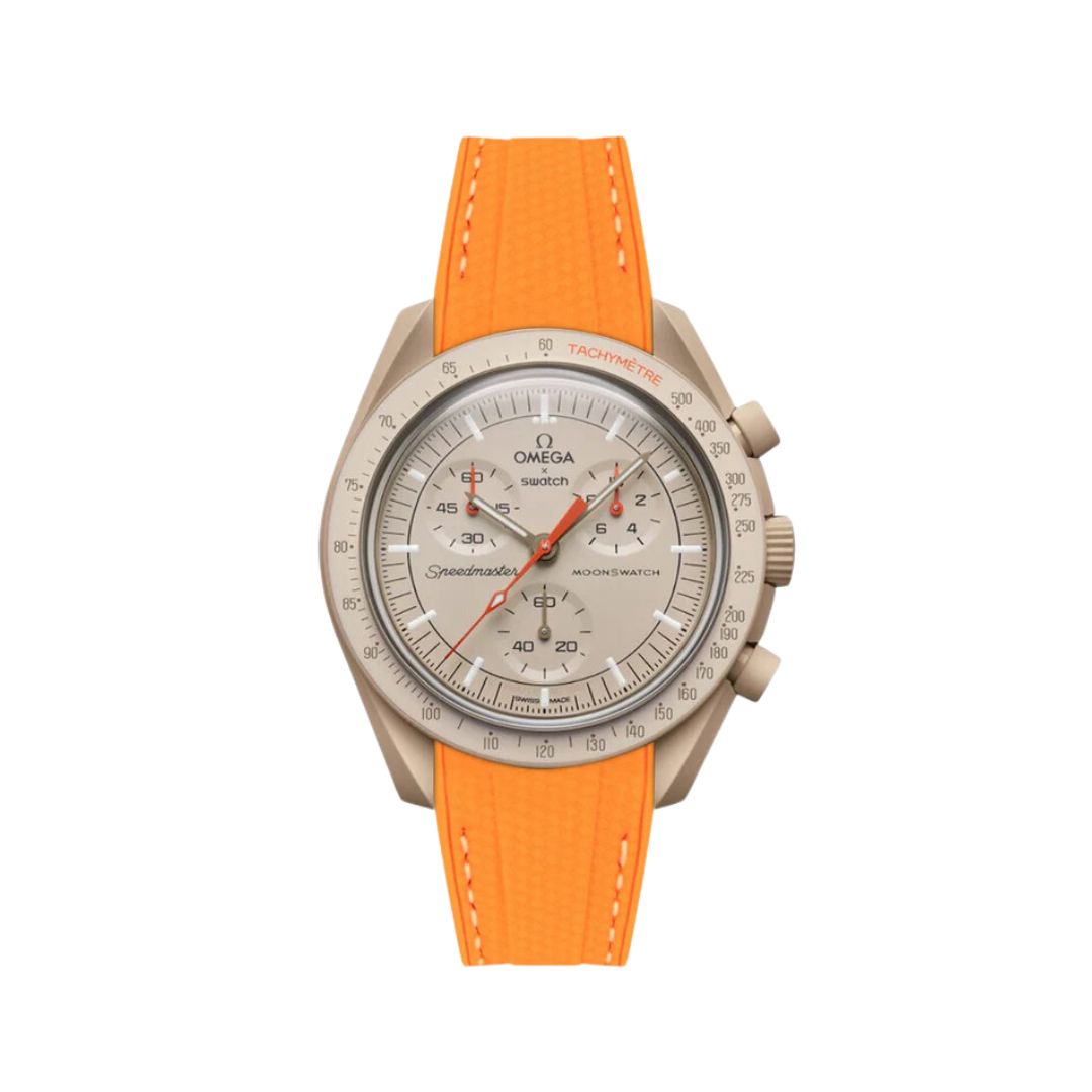 Textured Curved End Premium Silicone Strap - Compatible with Omega x Swatch - Orange with White Stitch (2405) -StrapSeeker