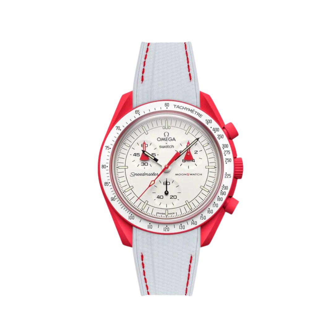 Textured Curved End Premium Silicone Strap - Compatible with Omega x Swatch - White with Red Stitch (2405) -StrapSeeker