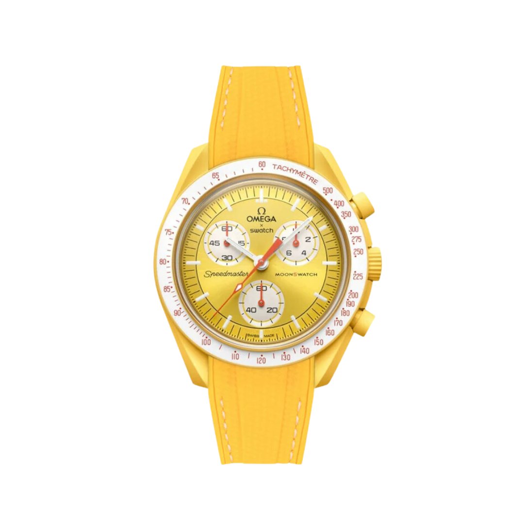 Textured Curved End Premium Silicone Strap - Compatible with Omega x Swatch - Yellow with White Stitch (2405) -StrapSeeker