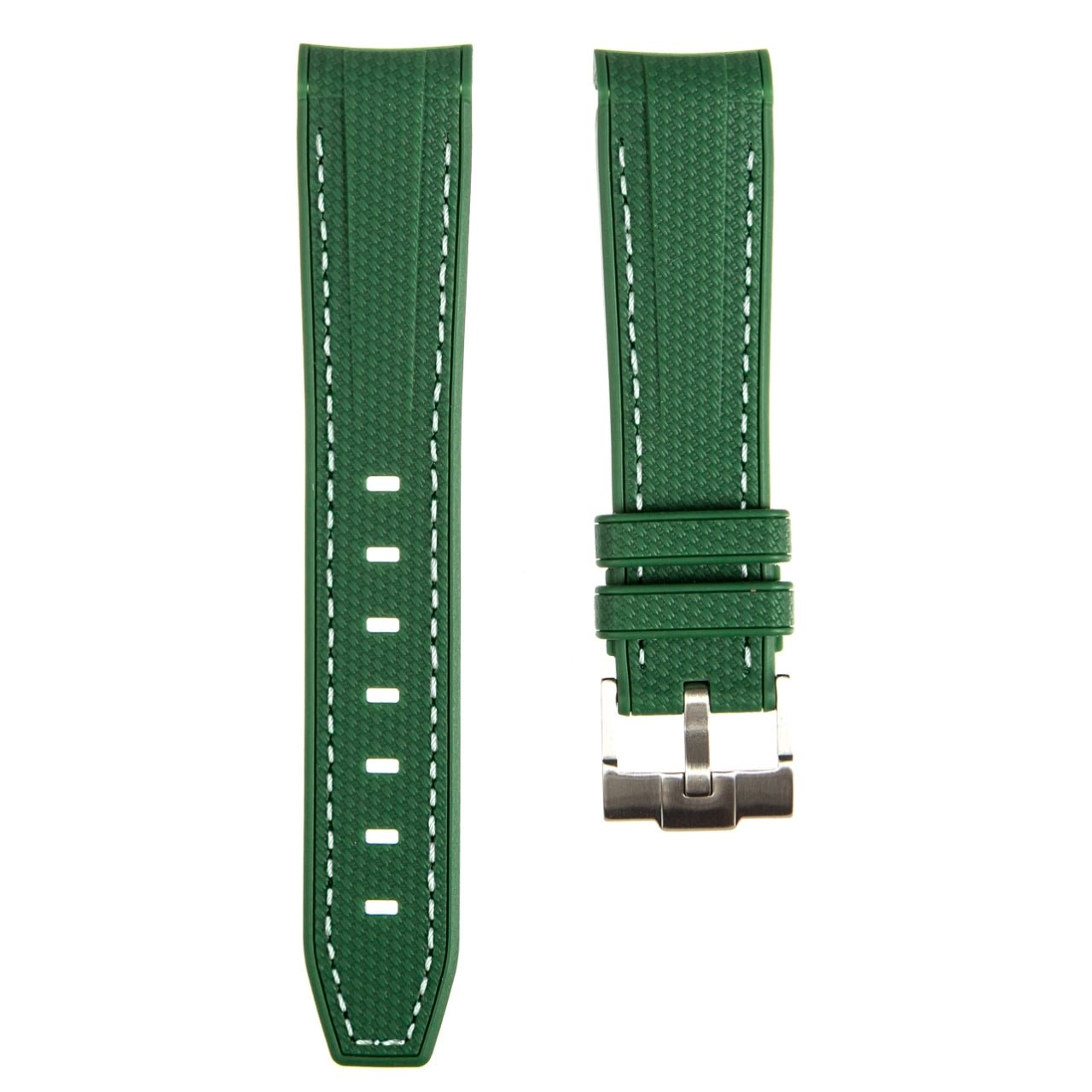 Textured Curved End Premium Silicone Strap - Dark Green With White Stitch (2405) -StrapSeeker