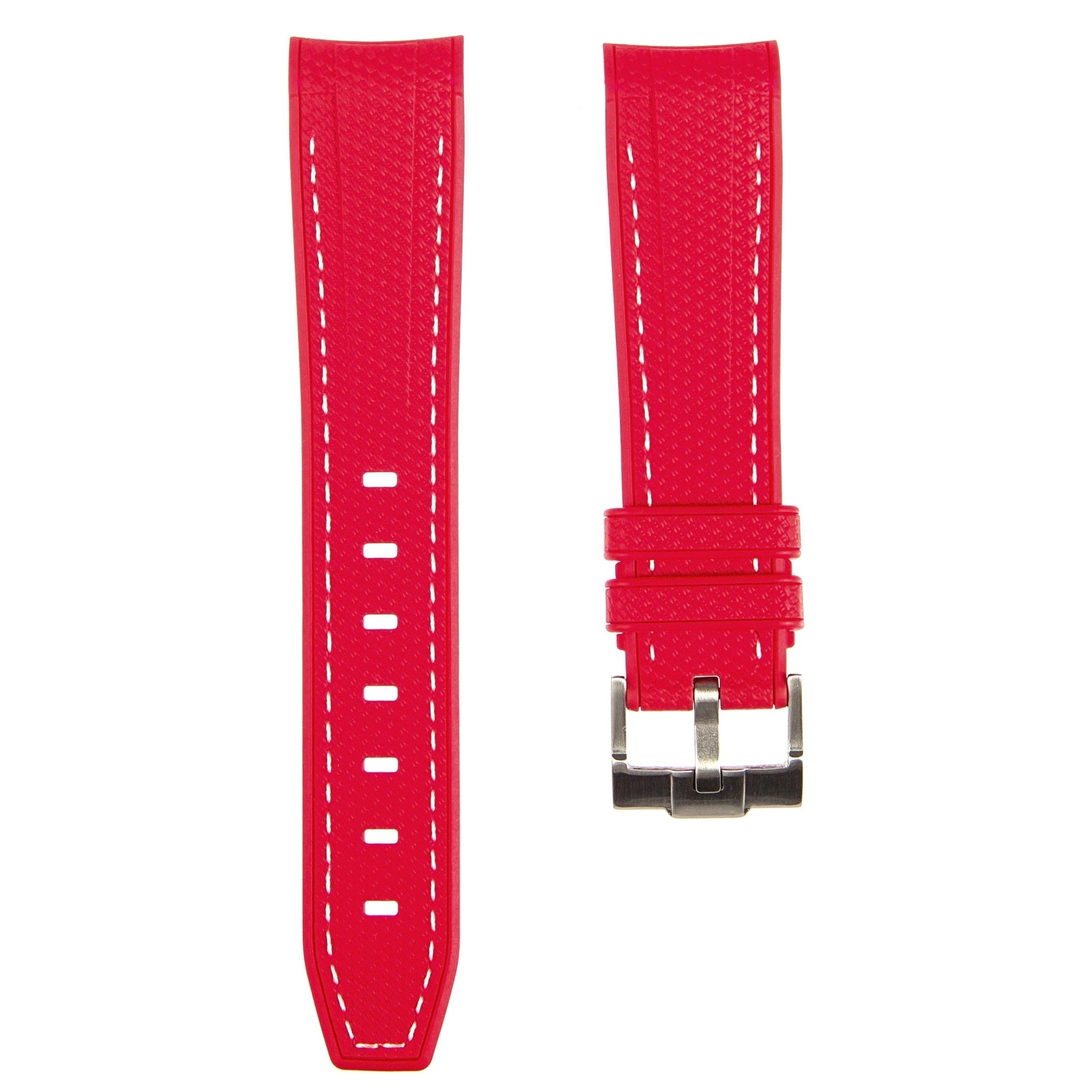 Textured Curved End Premium Silicone Strap - Red with White Stitch (2405) -StrapSeeker