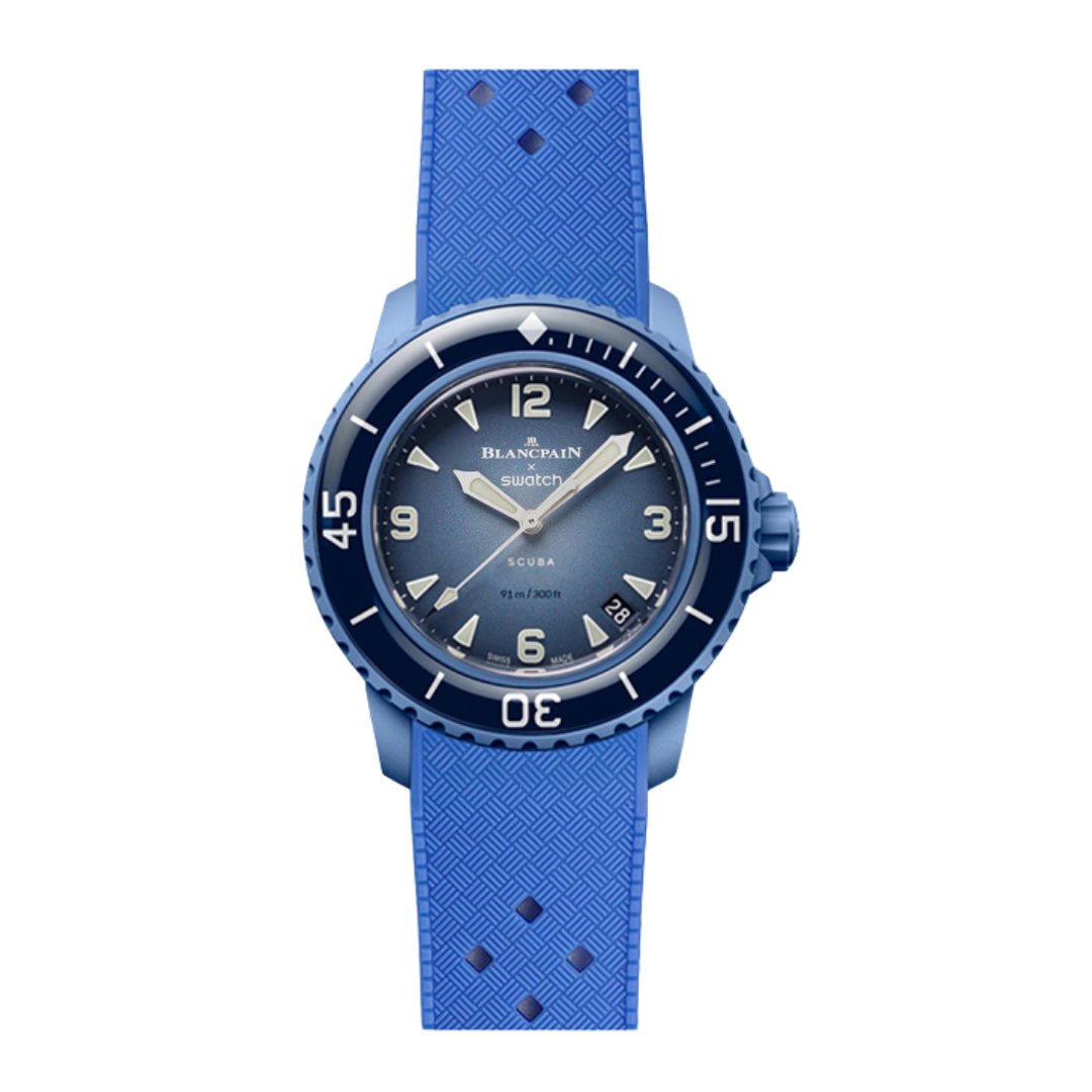 Vintage Tropical Curved End Premium Silicone Strap - Compatible with Blancpain x Swatch - Blue (2415) -StrapSeeker