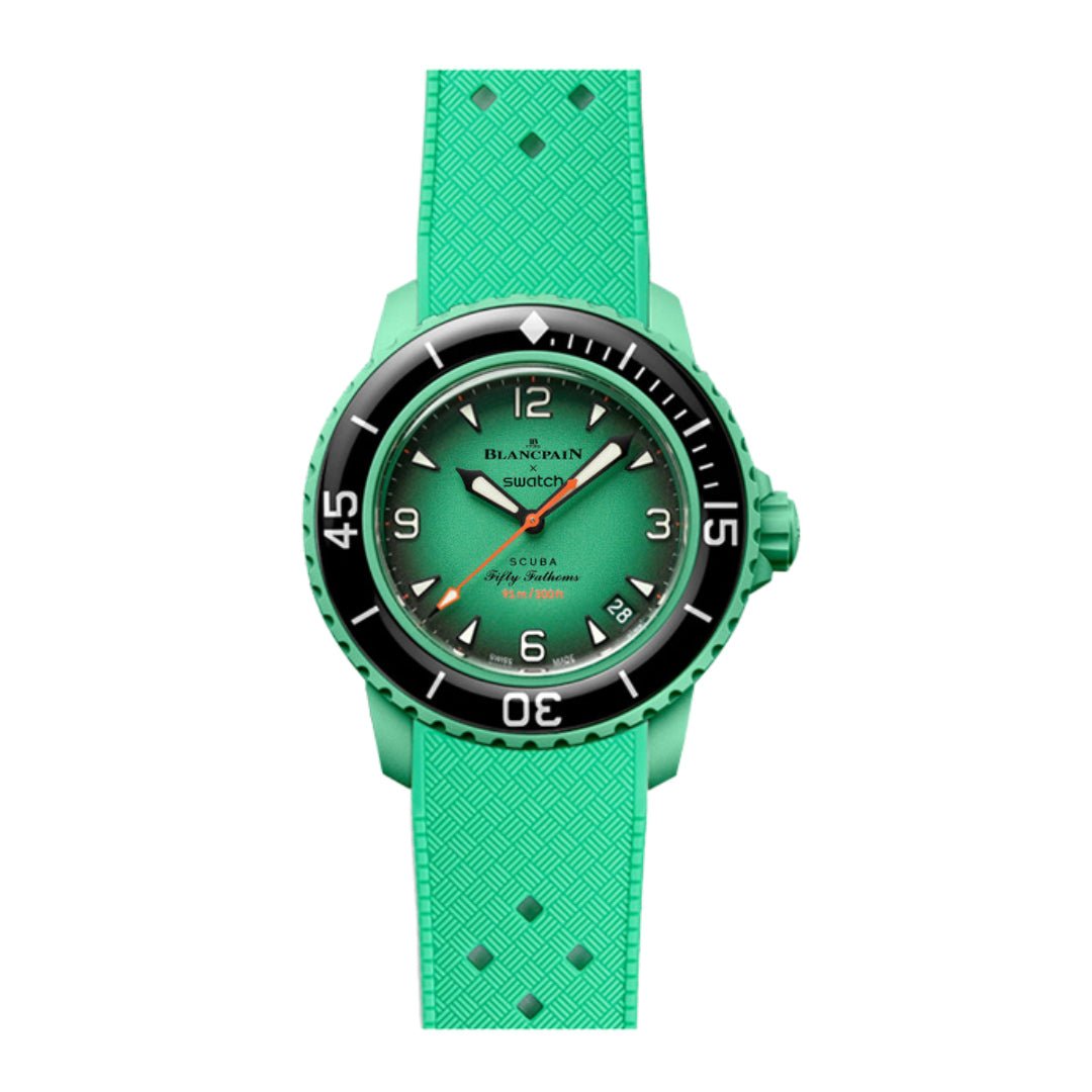 Vintage Tropical Curved End Premium Silicone Strap - Compatible with Blancpain x Swatch - Green (2415) -StrapSeeker