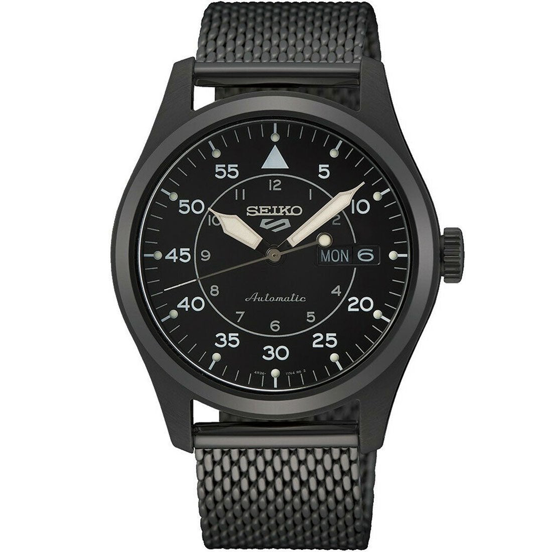 Seiko 5 Flieger SRPH25 SRPH25K1 SRPH25K Black Milanese Mesh Band Sports Watch -Seiko