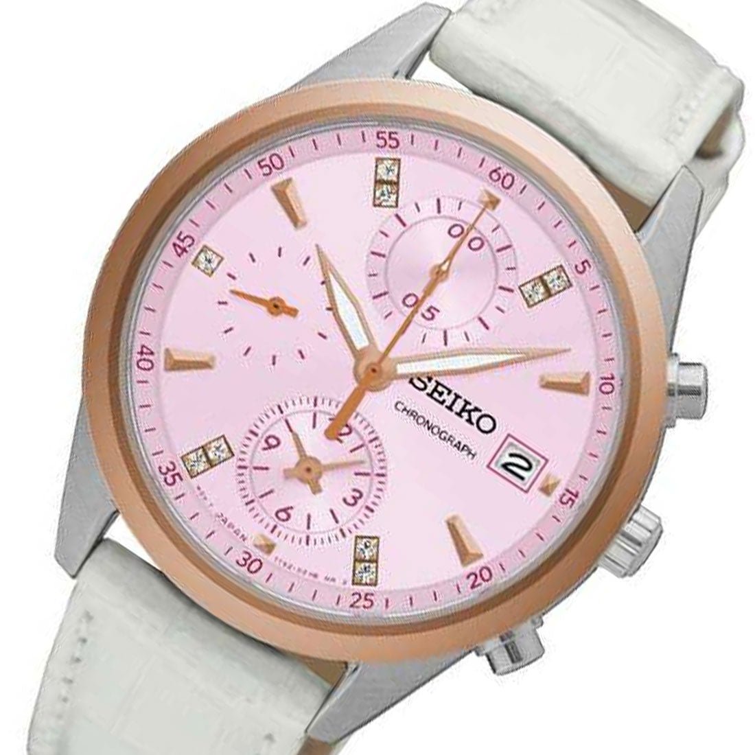 Seiko Womens SNDV50P1 SNDV50 Chronograph Pink Dial Leather Watch -Seiko
