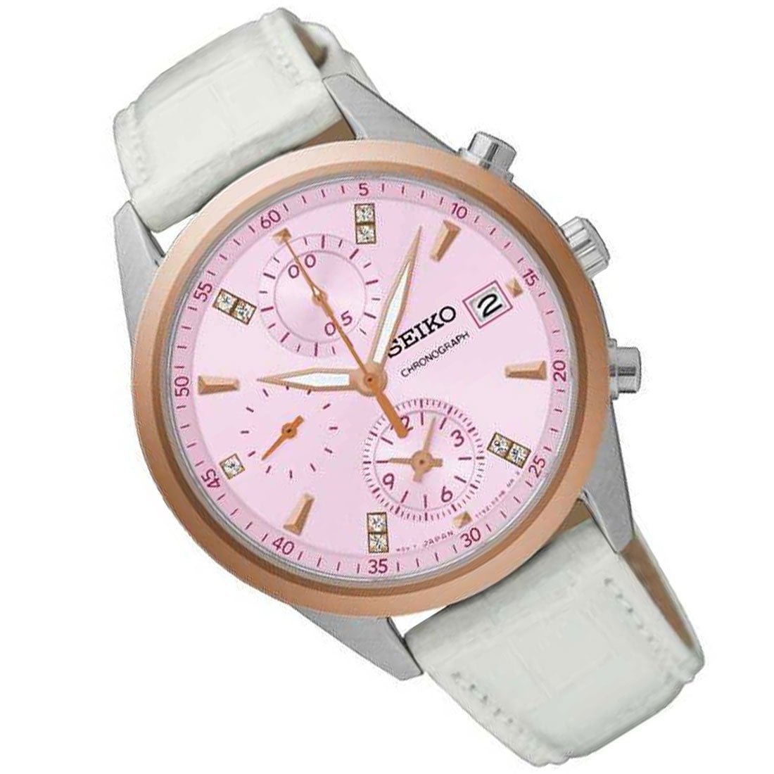 Seiko Womens SNDV50P1 SNDV50 Chronograph Pink Dial Leather Watch -Seiko