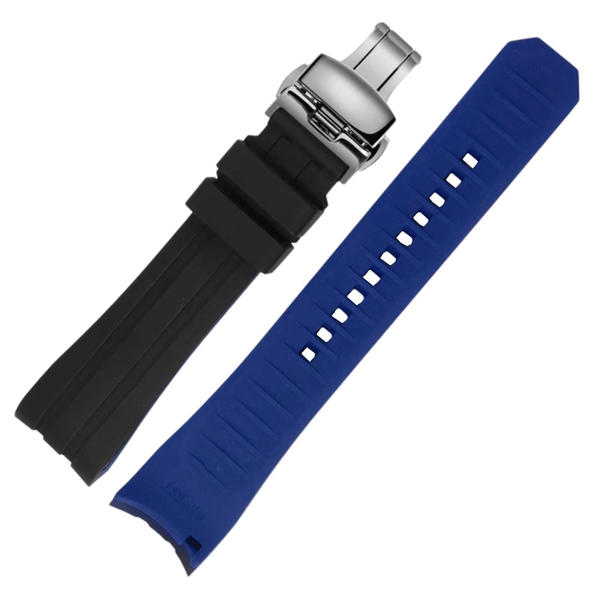 Ames Silicone Quick-Release Curved Lug End Strap Black Blue (Silver Deployment Clasp) -StrapSeeker