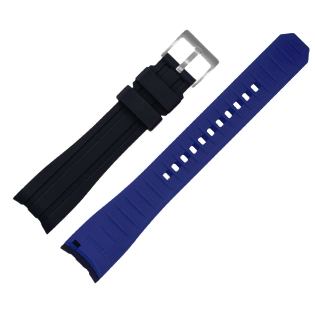 Ames Silicone Quick-Release Curved Lug End Strap Black Blue (Silver Pin Buckle) -StrapSeeker
