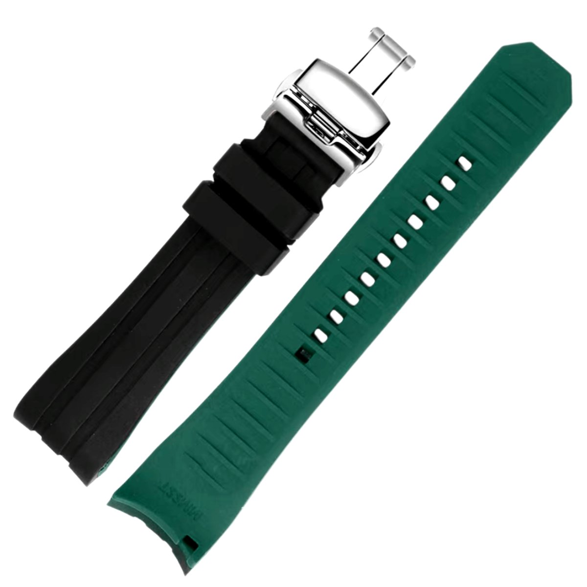 Ames Silicone Quick-Release Curved Lug End Strap Black Green (Silver Deployment Clasp) -StrapSeeker