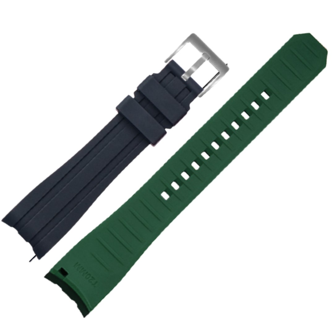 Ames Silicone Quick-Release Curved Lug End Strap Black Green (Silver Pin Buckle) -StrapSeeker