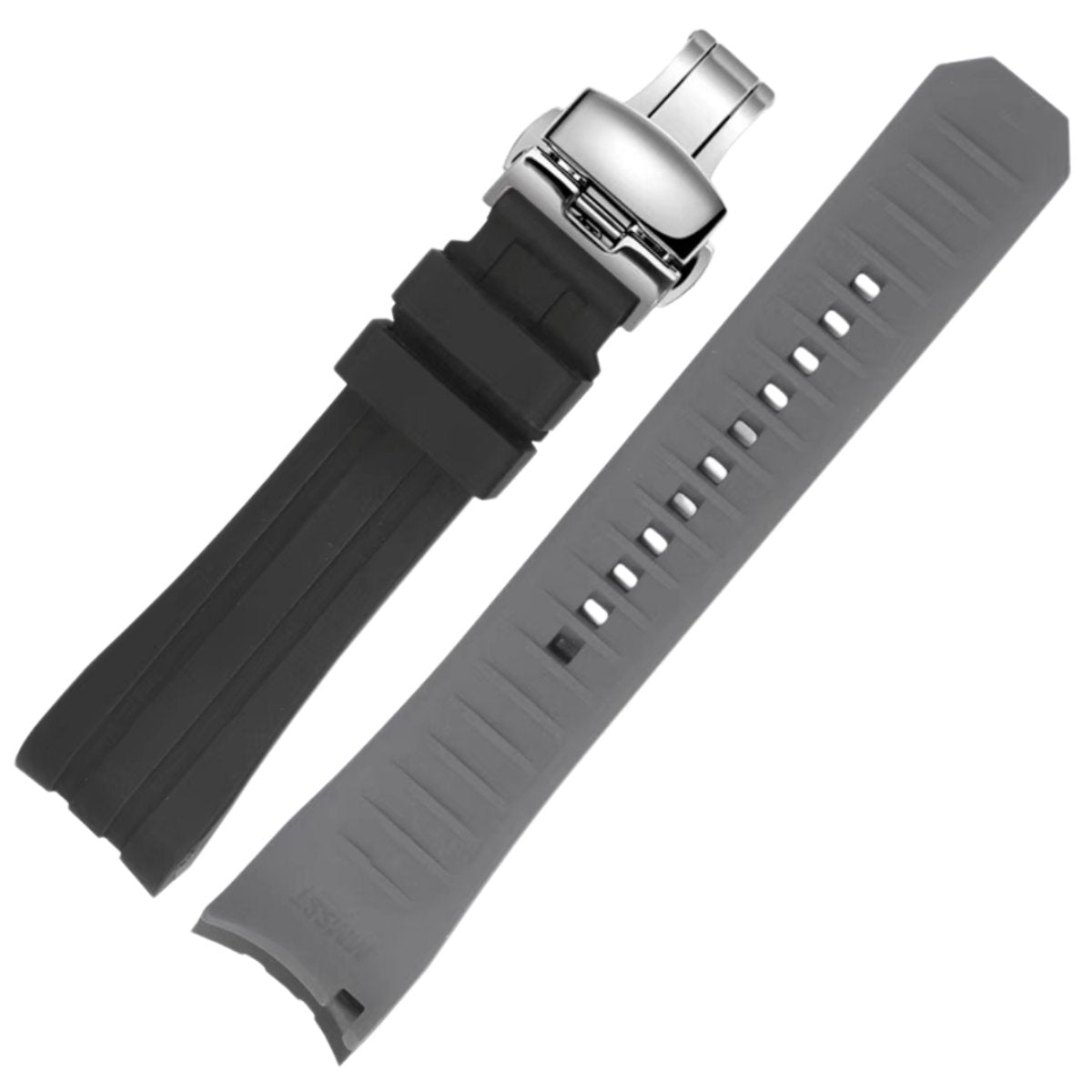 Ames Silicone Quick-Release Curved Lug End Strap Black Grey (Silver Deployment Clasp) -StrapSeeker