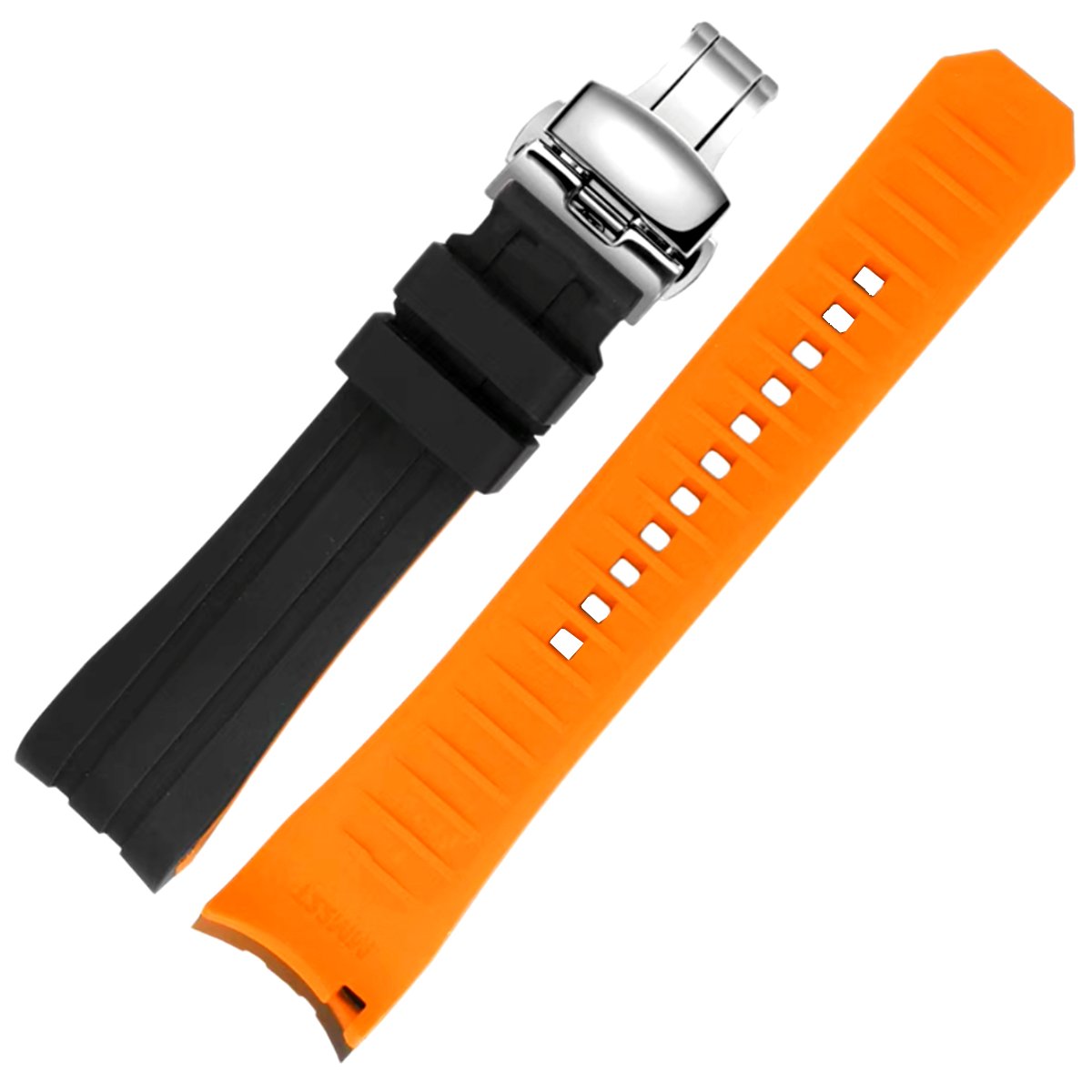 Ames Silicone Quick-Release Curved Lug End Strap Black Orange (Silver Deployment Clasp) -StrapSeeker