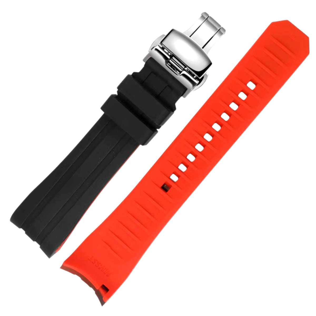 Ames Silicone Quick-Release Curved Lug End Strap Black Red (Silver Deployment Clasp) -StrapSeeker