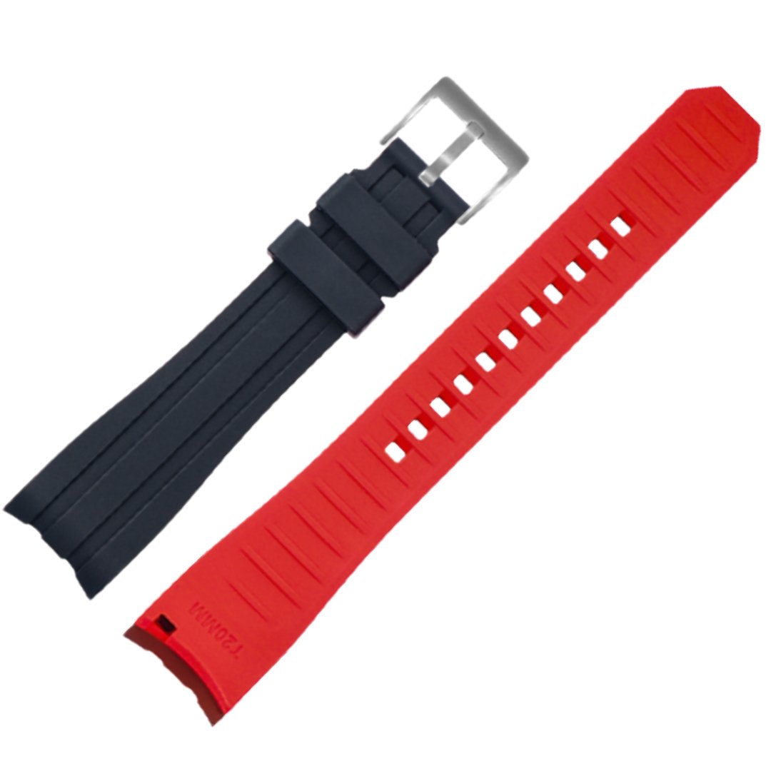 Ames Silicone Quick-Release Curved Lug End Strap Black Red (Silver Pin Buckle) -StrapSeeker