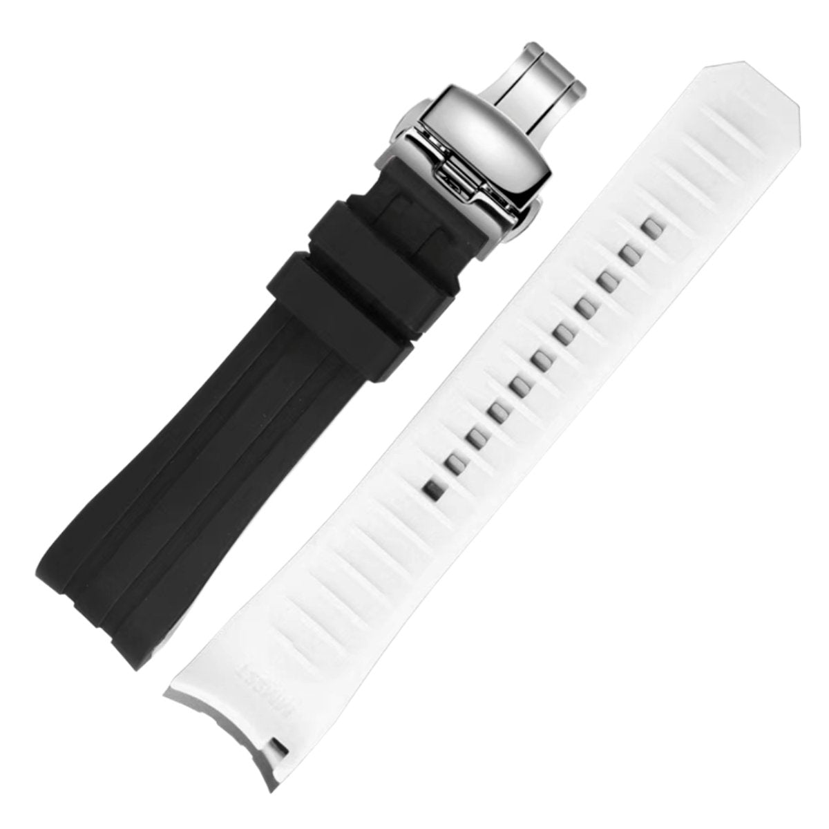 Ames Silicone Quick-Release Curved Lug End Strap Black White (Silver Deployment Clasp) -StrapSeeker