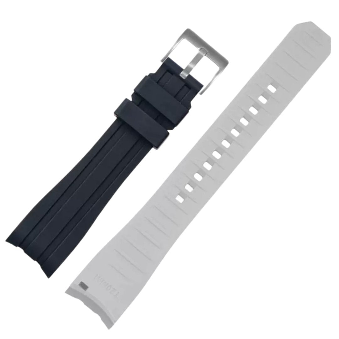Ames Silicone Quick-Release Curved Lug End Strap Black White (Silver Pin Buckle) -StrapSeeker