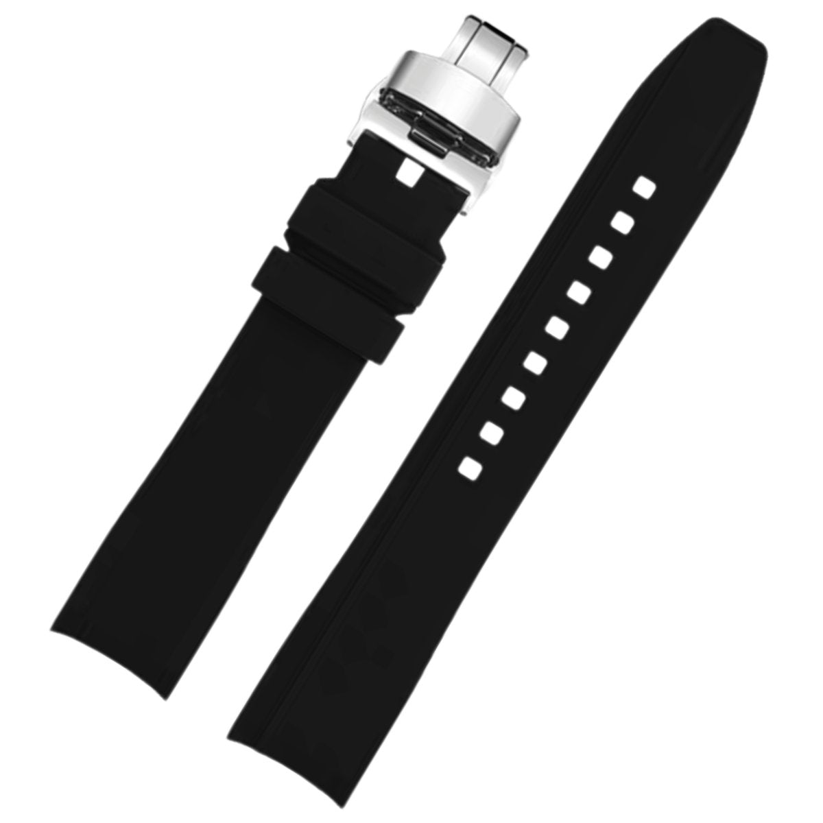 Dexter Silicone Curved Lug End Strap Black (Silver Deployment Clasp) (Rolex Replacement) -StrapSeeker