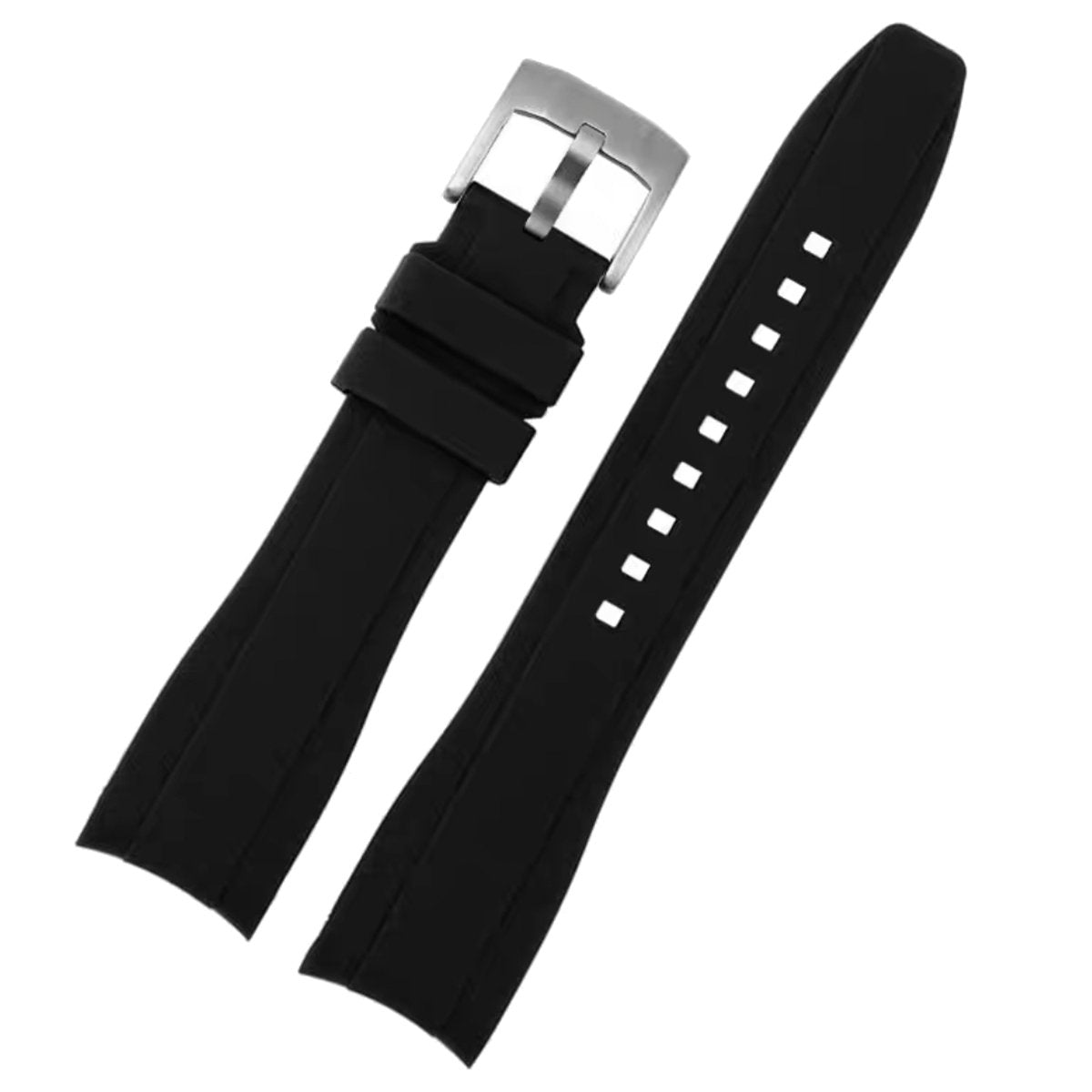 Dexter Silicone Curved Lug End Strap Black Silver Pin Buckle (Rolex Replacement) -StrapSeeker