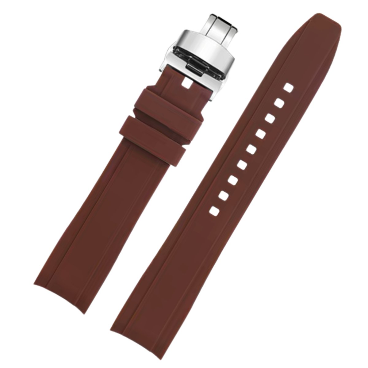 Dexter Silicone Curved Lug End Strap Brown (Silver Deployment Clasp) (Rolex Replacement) -StrapSeeker