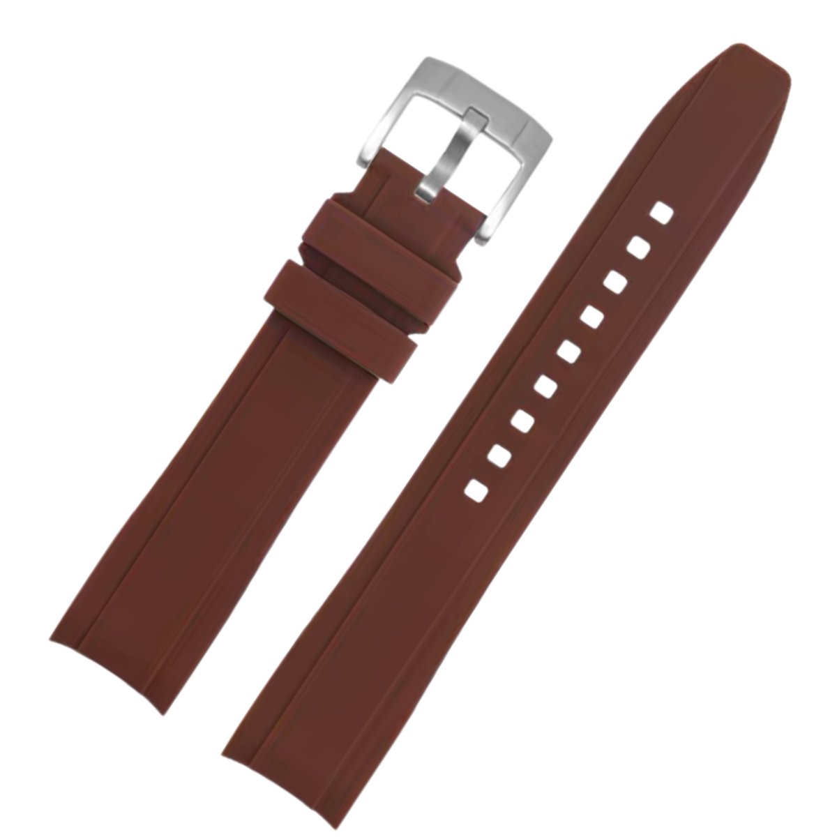 Dexter Silicone Curved Lug End Strap Brown Silver Pin Buckle (Rolex Replacement) -StrapSeeker
