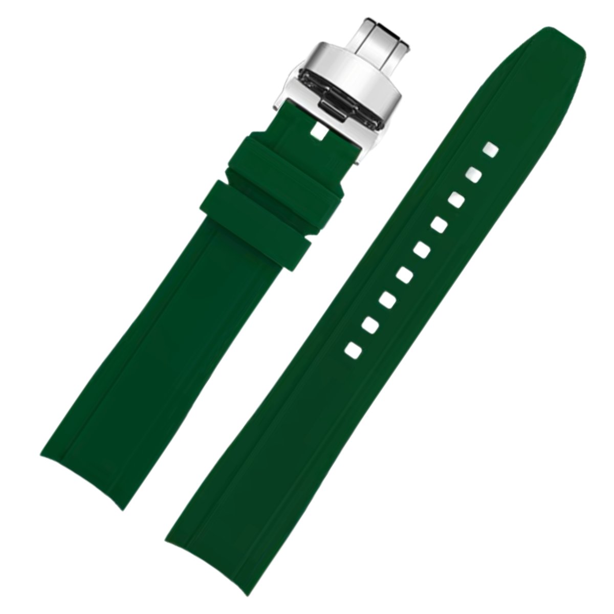 Dexter Silicone Curved Lug End Strap Green (Silver Deployment Clasp) (Rolex Replacement) -StrapSeeker