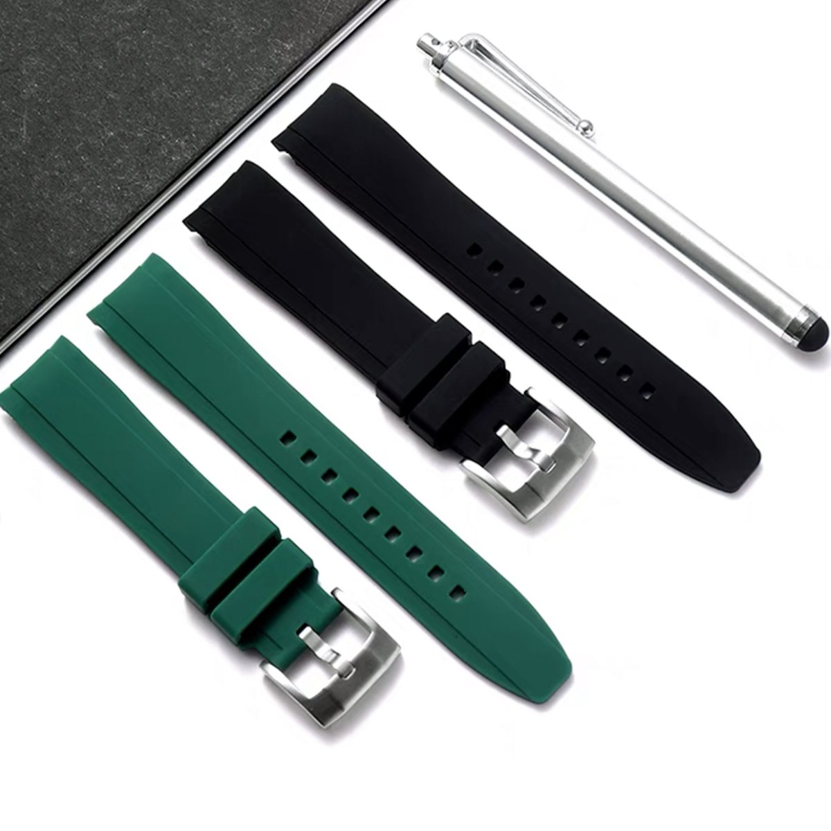 Dexter Silicone Curved Lug End Strap Grey Silver Pin Buckle (Rolex Replacement) -StrapSeeker
