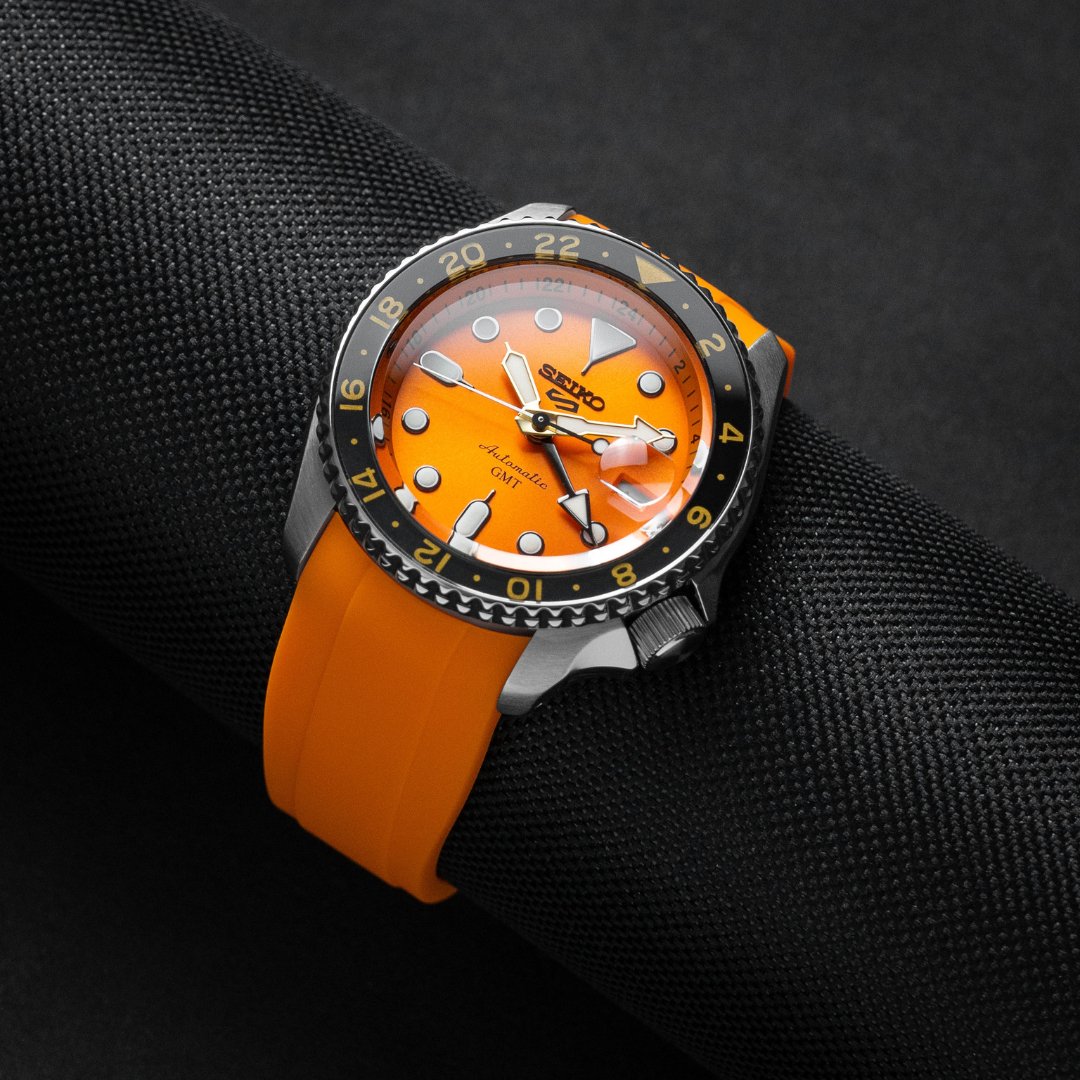 Dexter Silicone Curved Lug End Strap Orange Silver Pin Buckle (Rolex Replacement) -StrapSeeker