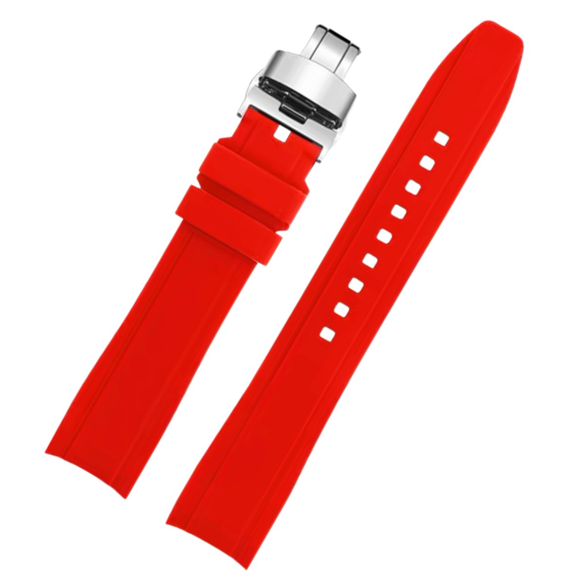 Dexter Silicone Curved Lug End Strap Red (Silver Deployment Clasp) (Rolex Replacement) -StrapSeeker
