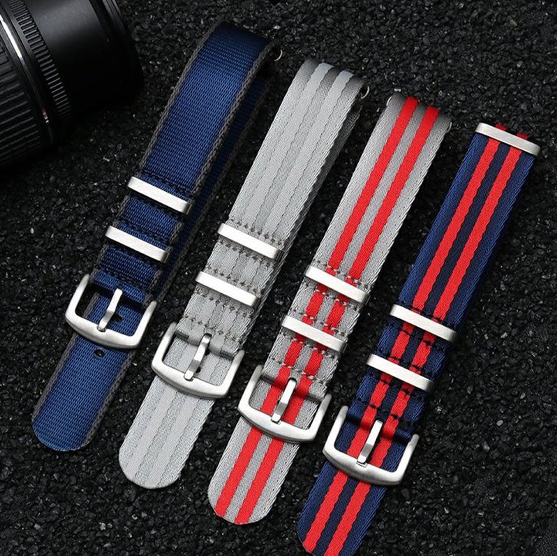 Seatbelt Ballistic Nylon Strap Grey with Blue Stripe -StrapSeeker