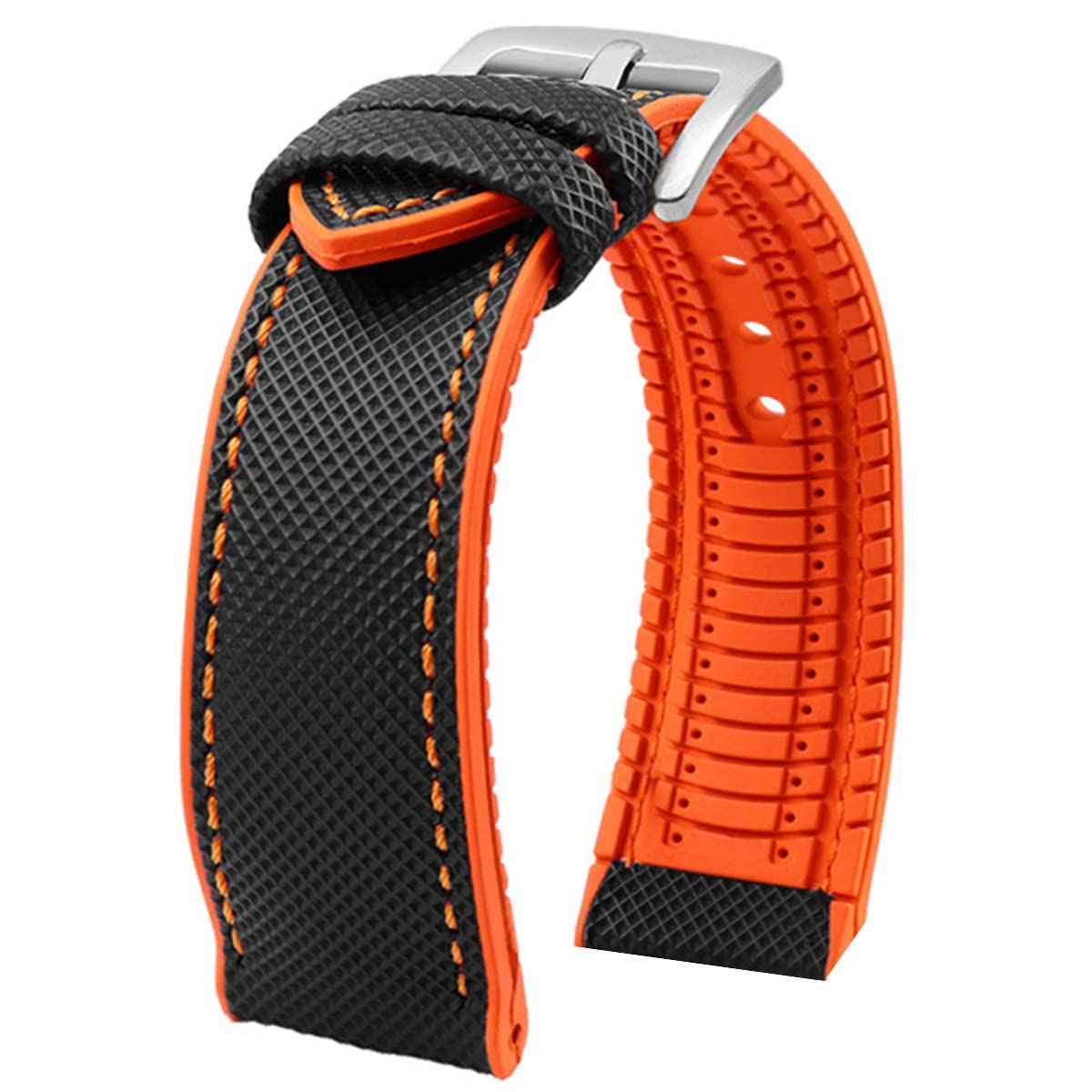 Theo Nylon & FKM Rubber Hybrid Performance Strap Black Nylon Orange Stitch / Orange FKM Rubber -StrapSeeker