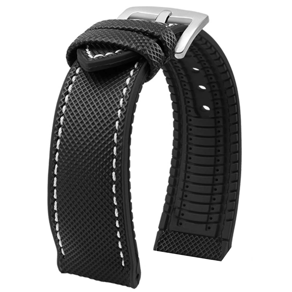 Theo Nylon & FKM Rubber Hybrid Performance Strap Black Nylon White Stitch / Black FKM Rubber -StrapSeeker